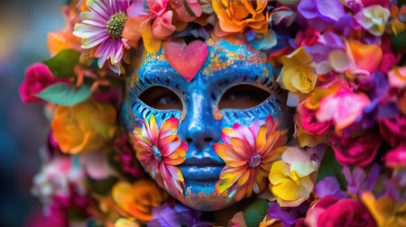 A beautifully designed mask, embellished with an array of colorful flowers and a heart, represents artistic creativity during a vibrant festive celebration.の素材