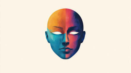 A visually striking abstract artwork depicting a stylized face in vibrant colors, symbolizing emotions and duality, perfect for creative or artistic themes.の素材