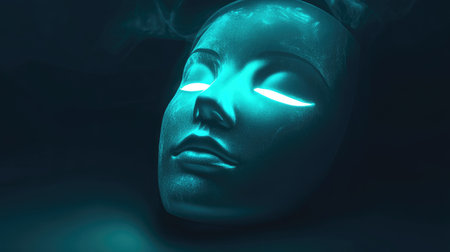 Explore an abstract representation of a glowing mask set against a backdrop of shadows and light, evoking feelings of mystery and tranquility in a modern artistic style.の素材