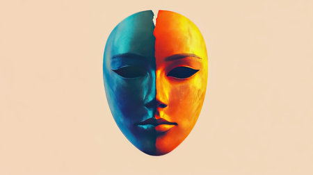 This artistic image depicts a split mask showcasing contrasting emotions and colors, symbolizing the complexities of human nature and the balance between opposing forces.の素材