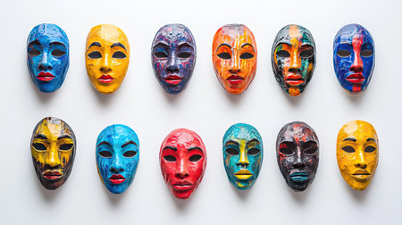 This image features a captivating display of colorful handcrafted masks arranged artistically, showcasing vibrant hues and unique designs that celebrate cultural diversity and creativity.の素材