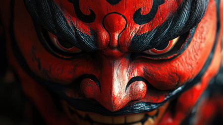 A striking close-up of a vibrant red demon mask, highlighting intricate details and craftsmanship. This artwork symbolizes power and spiritual significance in Asian culture.の素材