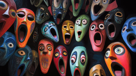 This image showcases an array of colorful handcrafted masks, each expressing a distinct emotion, surrounded by a rich dark background, emphasizing the cultural artistry and creativity involved.の素材