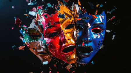 A captivating scene showing colorful theatrical masks bursting apart in a dynamic explosion, embodying the essence of emotion and creativity within performing arts.の素材