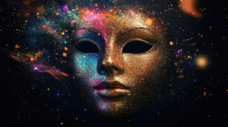 This stunning image features a dazzling mask infused with cosmic elements, sparkling colors, and a mystical essence, blending artistry and the universe's beauty.の素材