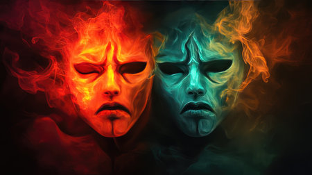 This captivating artwork presents two contrasting masks, one fiery red and the other serene blue, symbolizing dualities of human emotion through vivid colors and dynamic effects.の素材