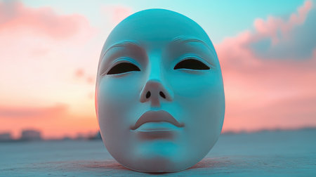 A striking white mask sits against a stunning sunset sky, blending art and emotion. The vibrant colors create a thought-provoking atmosphere perfect for creative projects.の素材