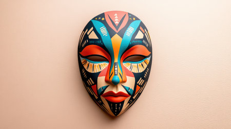 This striking tribal mask features vibrant colors and intricate patterns, representing cultural heritage and artistic expression, perfect for decor and inspiration.の素材