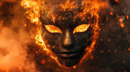 This captivating image features a fiery mask with glowing eyes, surrounded by flames and smoke, creating a dramatic and mystical atmosphere perfect for artistic themes.の素材