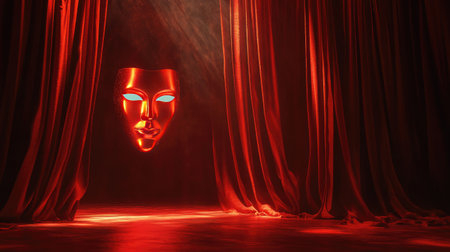 A striking visual of a glowing red mask suspended against flowing curtains, evoking a sense of mystery and drama, perfect for themes of performance and artistic expression.の素材