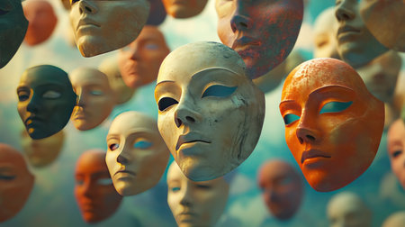 A captivating assembly of various faces suspended in a dreamlike setting, exploring themes of identity, emotion, and creativity through artful expression.の素材