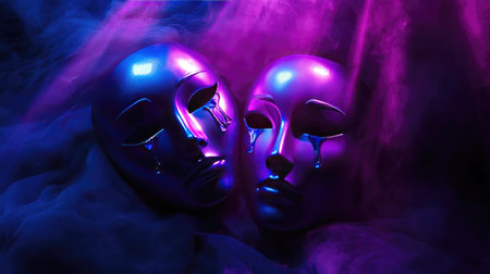 This captivating image features two glamorous purple masks with tears, set against a smoky background, evoking deep emotions and a sense of surreal beauty.の素材