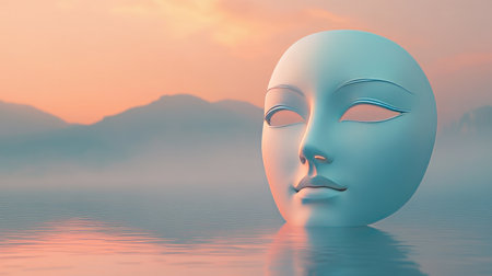 A surreal representation of a calm blue face floating in serene water at sunrise, surrounded by misty mountains, evoking feelings of tranquility and inner peace.の素材