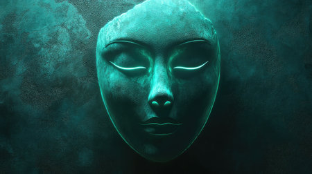 This captivating image features an ethereal green mask with glowing details set against a dark background, evoking feelings of mystery, beauty, and deep reflection.の素材