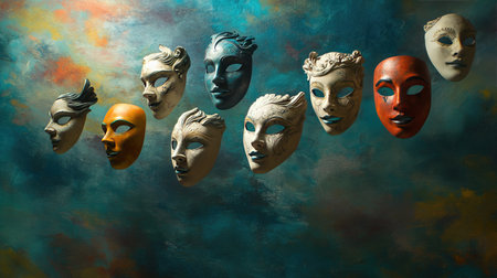A captivating arrangement of colorful masks set against a textured backdrop, embodying diverse emotions and artistic expression, perfect for themes of culture, creativity, and performance.の素材