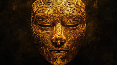 A stunning golden ancient mask showcasing intricate patterns and designs, symbolizing the rich cultural heritage and mystique of ancient civilizations, beautifully lit against a dark backdrop.の素材