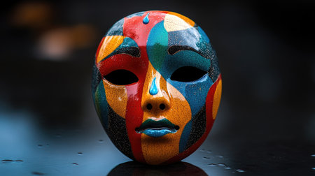 Stunning colorful mask featuring intricate patterns and textures reflecting creativity and artistic expression, set against a dark, wet surface for dramatic effect.の素材