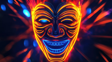 A stunning neon mask radiating joy features glowing elements against a dynamic background, perfect for capturing the essence of celebration and artistic expression.の素材