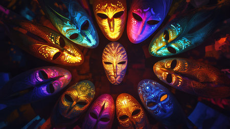 This stunning image features a captivating collection of colorful masks arranged in a circular formation, showcasing intricate designs and cultural artistry with dramatic lighting.の素材