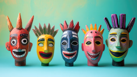 This vibrant collection features handcrafted masks with unique designs and bright colors, placed against a soft pastel background, showcasing cultural artistry and expressive creativity.の素材