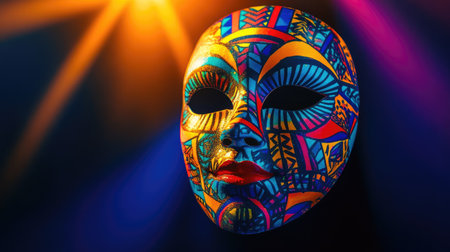 This stunning mask features vibrant colors and intricate patterns, beautifully illuminated by dynamic lighting, making it a captivating piece for exploring art and cultural expression.の素材