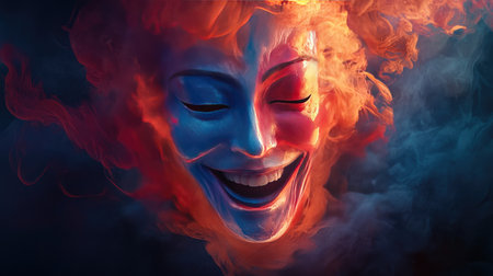 This mesmerizing portrait features a colorful figure with a bright smile, surrounded by swirling flames and smoke, evoking a sense of joy and mystery through captivating artistry.の素材
