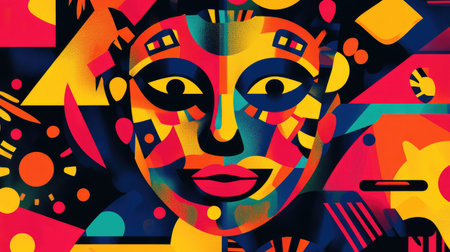 This vibrant abstract artwork showcases a colorful face adorned with geometric patterns, reflecting modern artistic expression and cultural identity through bold shapes and dynamic colors.の素材