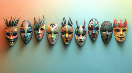 This captivating image features a collection of vibrant handcrafted masks showcasing intricate designs that reflect various cultural expressions and artistic traditions.の素材