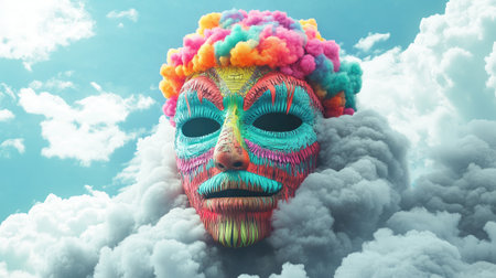A stunning artistic representation of a colorful mask emerging from soft clouds, showcasing vibrant colors and imaginative designs that evoke creativity and surreal beauty.の素材