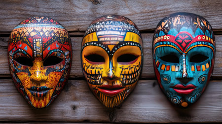 This image features three stunning cultural masks with intricate patterns and vibrant colors, mounted on a wooden background. It embodies artistic heritage and craftsmanship from diverse cultures.の素材