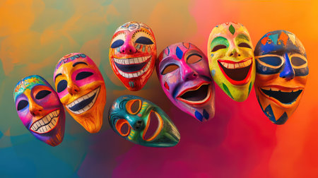 A captivating array of colorful hand-painted masks, showcasing joyful expressions, set against a vibrant abstract background that evokes creativity and cultural significance.の素材