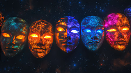 A creative artwork featuring vibrant, glowing faces in a cosmic setting, exploring themes of identity and emotion against a starry backdrop, perfect for artistic projects.の素材