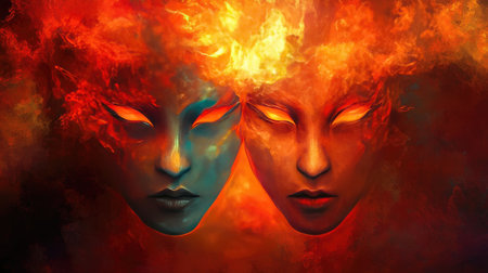 This captivating artwork features two mystical faces representing fire and ice, showcasing an explosion of colors and emotions, capturing the essence of duality and balance.の素材