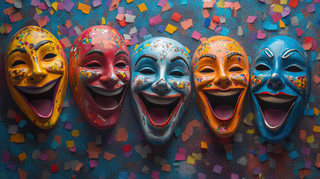 This vibrant image showcases colorful theater masks that exude joy and creativity, perfect for conveying themes of laughter, celebration, and artistic expression in various projects.の素材