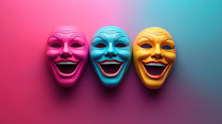 This vibrant image showcases three colorful masks representing happiness, set against a stylish gradient background. Perfect for themes of joy, artistry, and entertainment.の素材