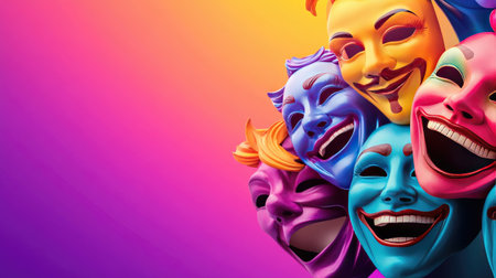 This captivating image showcases a group of colorful masks representing joy and laughter, set against a gradient background that symbolizes celebration and creativity in art and performance.の素材
