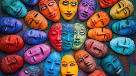 Enjoy a stunning display of colorful ceramic masks representing diverse expressions, showcasing artistic creativity and cultural richness in a vibrant assortment.の素材