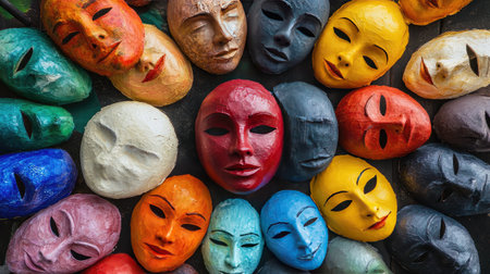 This captivating image features an array of colorful masks, each representing unique craftsmanship and artistic expression, perfect for cultural projects or creative inspirations.の素材