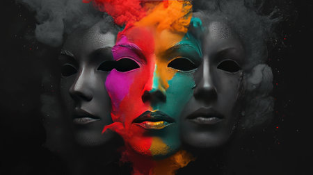This captivating artwork depicts three black masks infused with vibrant colors, representing the complex nature of identity, emotions, and transformation in contemporary art.の素材