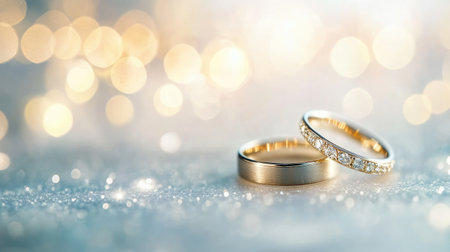 A close-up of wedding rings on a light background with soft bokeh and glowing highlights.の素材