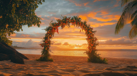 A charming floral arch on a sandy beach, lit by the warm amber tones of a tropical sunset. No people.の素材