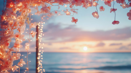 A delicate beach wedding arch with blush flowers and twinkling fairy lights under the warm glow of sunset. No people.の素材