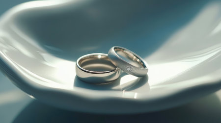 A close-up of wedding rings on a smooth white ceramic surface with subtle, romantic light.の素材