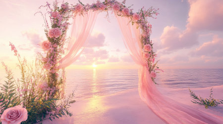 A dreamy wedding arch with blush roses and flowing fabric, glowing softly in the sunset light over a tranquil beach. No people.の素材