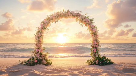 A floral wedding arch surrounded by white sand and gentle waves, bathed in the warm light of sunset. No people.の素材