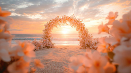 A dreamy beach wedding setup featuring a floral arch of soft pink and white blossoms under a glowing orange sunset. No people.の素材