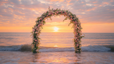 A floral beach wedding arch glowing softly under the warm colors of sunset, framed by calm ocean waves. No people.の素材
