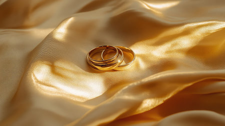 A coupleas wedding rings resting on a smooth beige fabric, glowing softly in a romantic golden light.の素材