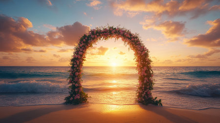 A floral beach wedding arch glowing softly under the warm colors of sunset, framed by calm ocean waves. No people.の素材