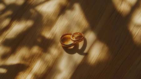 A coupleas wedding rings on a light wood background, surrounded by soft, romantic shadows.の素材